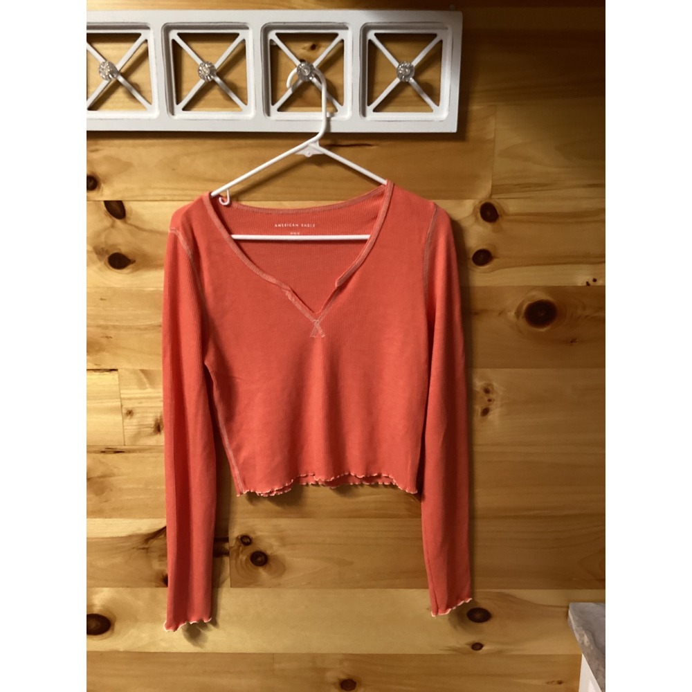 American Eagle Womens Coral Orange Waffle Knit Notched V-Neck Cropped Thermal‎ M